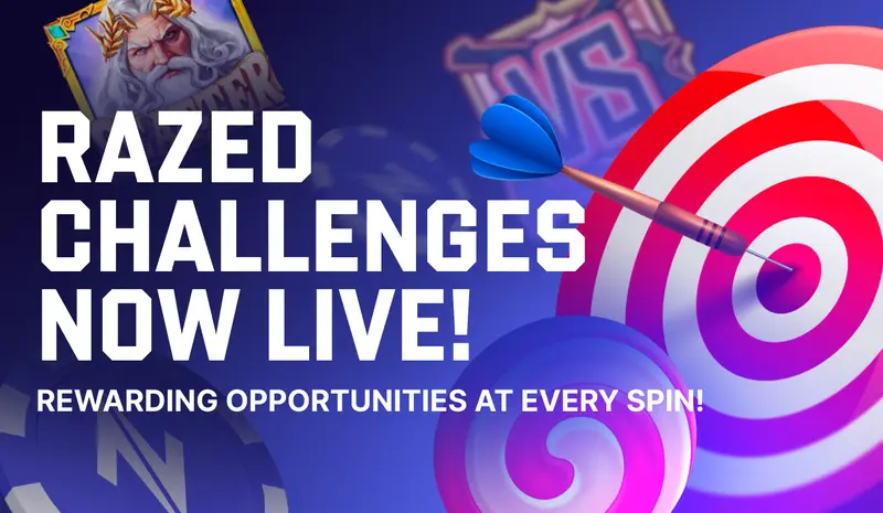 Razed Challenges promotion art with a dartboard and a slot character